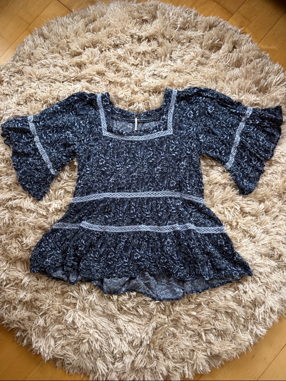 Free People Navy Floral Square-Neck Tiered Boho Blouse M